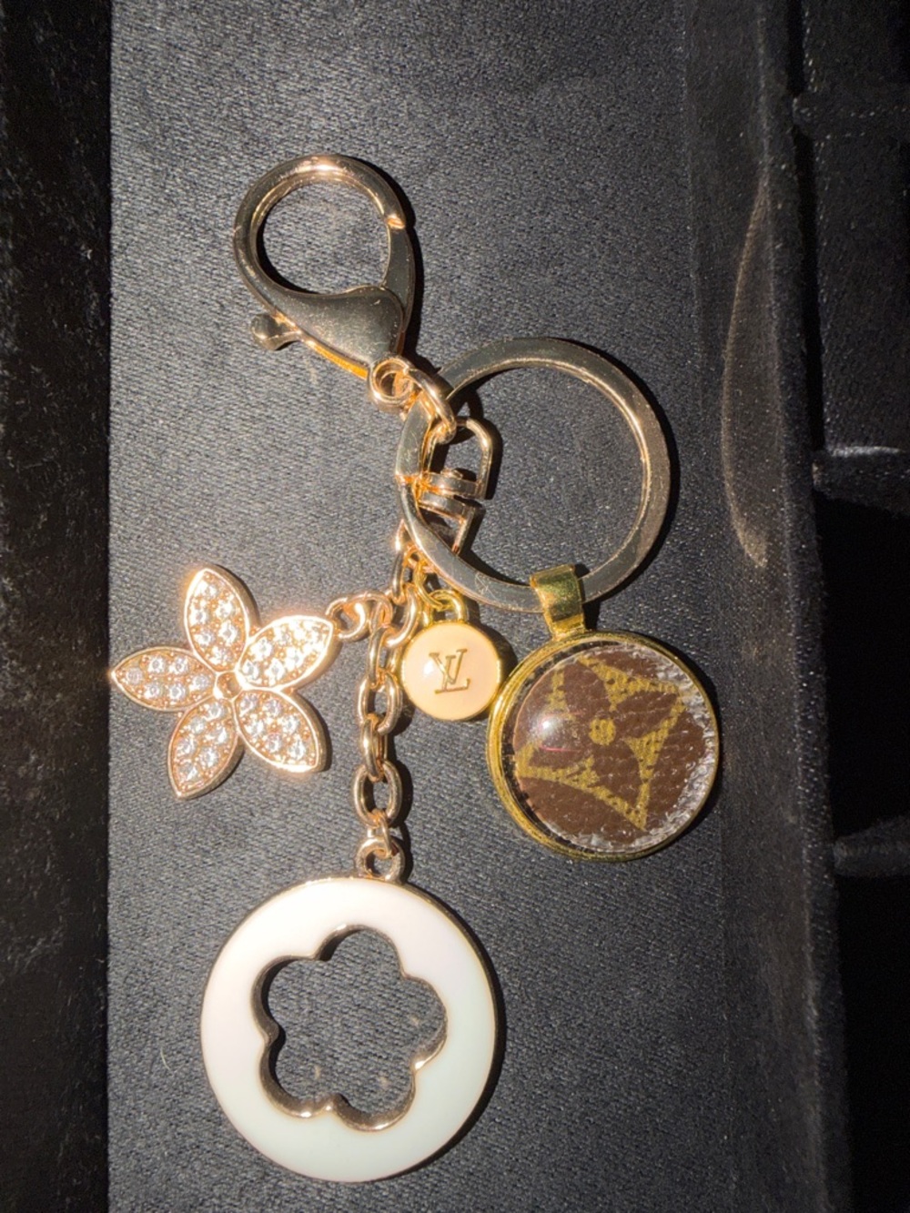 handcrafted Floral Charm Keychains with Gold Accents with LV skittle charm